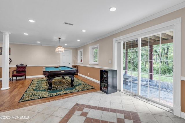 16 W Ave, Gladstone, NJ 07934 - rec room featuring billiards, crown molding, recessed lighting, tile patterned flooring, and wine cooler