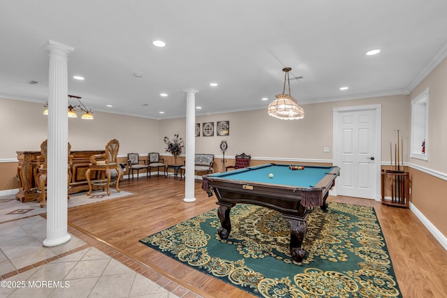 16 W Ave, Gladstone, NJ 07934 - game room with ornate columns, recessed lighting, pool table, ornamental molding, and light wood-type flooring