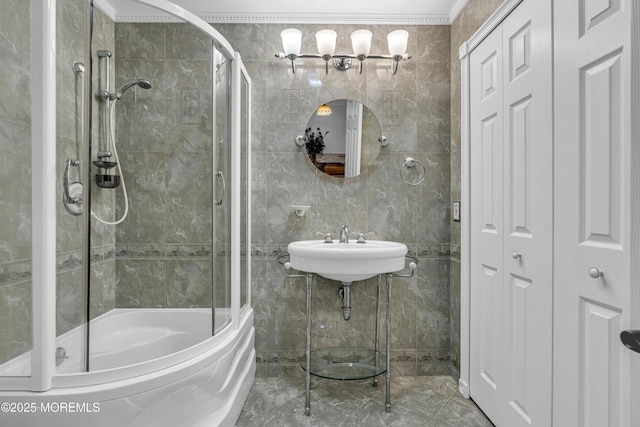 16 W Ave, Gladstone, NJ 07934 - bathroom with a closet, tile walls, and marble finish floors