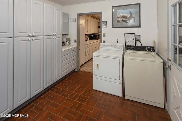 75 Brown Rd, Howell, NJ 07731 - washroom with cabinet space, brick patterned flooring, independent washer and dryer, and ornamental molding