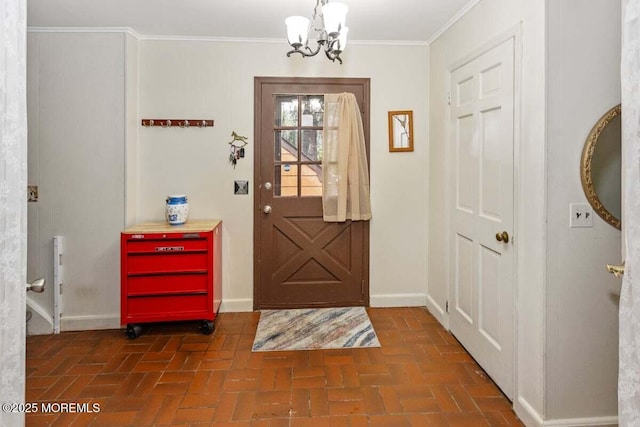 75 Brown Rd, Howell, NJ 07731 - entryway featuring brick floors, a chandelier, ornamental molding, and baseboards