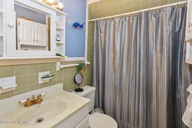 75 Brown Rd, Howell, NJ 07731 - bathroom featuring tile walls, toilet, vanity, and a shower with shower curtain