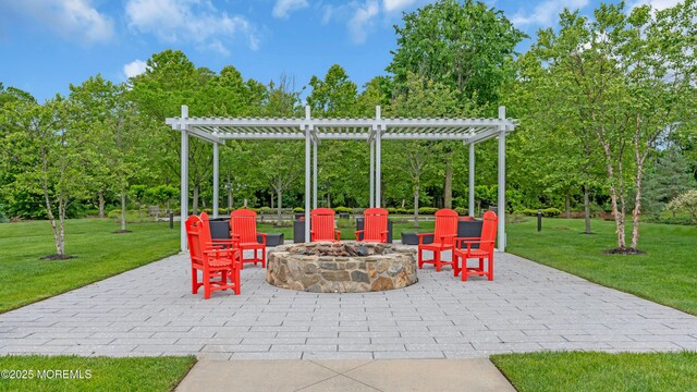 7 Centre St Unit 1303, Ocean Twp, NJ 07712 - view of patio featuring an outdoor fire pit, a pergola, and view of scattered trees