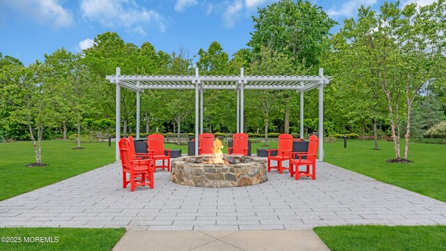 7 Centre St Unit 1303, Ocean Twp, NJ 07712 - view of patio with an outdoor fire pit, a pergola, and view of scattered trees