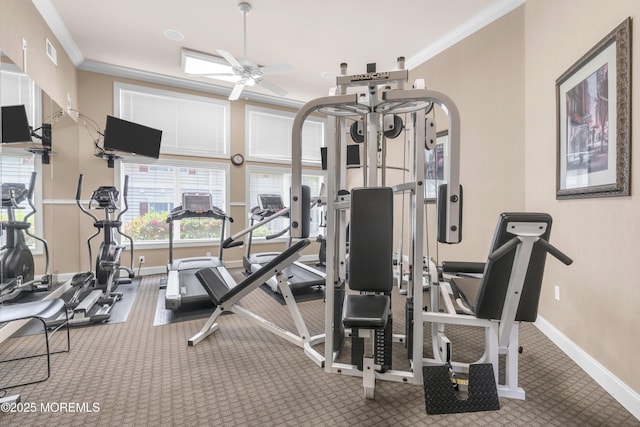7 Centre St Unit 1303, Ocean Twp, NJ 07712 - gym with ornamental molding, a ceiling fan, carpet floors, baseboards, and plenty of natural light