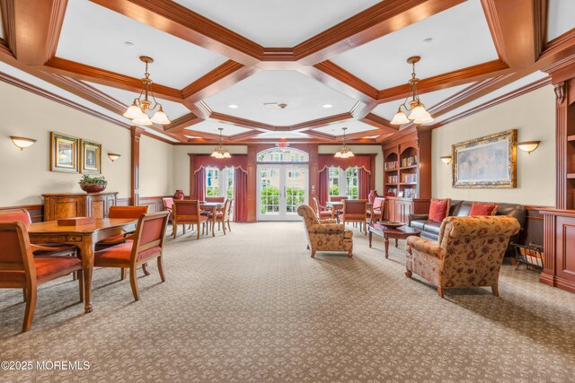 7 Centre St Unit 1303, Ocean Twp, NJ 07712 - carpeted living room with coffered ceiling, crown molding, beamed ceiling, french doors, and a chandelier