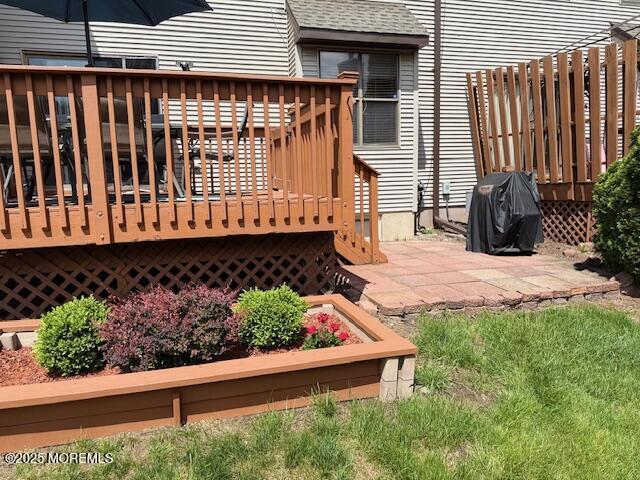 372 Oak Knoll Dr, Manalapan, NJ 07726 - wooden terrace featuring area for grilling and a patio
