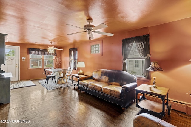 388 Atlantic Ave, Long Branch, NJ 07740 - living area featuring a ceiling fan, baseboard heating, wood finished floors, and baseboards