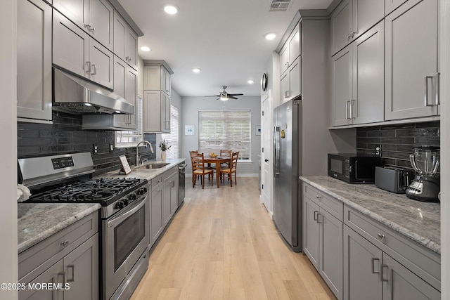 37 Violet Ct, Holmdel, NJ 07733 - kitchen with appliances with stainless steel finishes, a sink, gray cabinets, under cabinet range hood, and baseboards