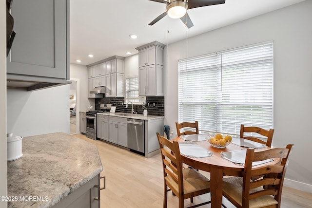 37 Violet Ct, Holmdel, NJ 07733 - kitchen with gray cabinets, stainless steel appliances, a sink, a ceiling fan, and decorative backsplash