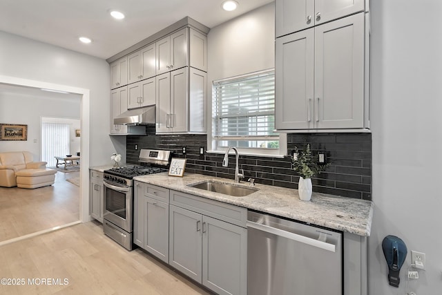37 Violet Ct, Holmdel, NJ 07733 - kitchen featuring appliances with stainless steel finishes, a sink, gray cabinets, under cabinet range hood, and light wood-style floors