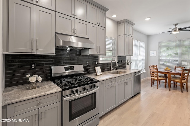 37 Violet Ct, Holmdel, NJ 07733 - kitchen featuring appliances with stainless steel finishes, ventilation hood, a sink, gray cabinetry, and baseboards