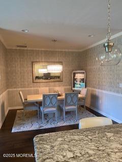18 Lily Pond Ct, Howell, NJ 07731 - dining area featuring wallpapered walls, wainscoting, crown molding, and wood finished floors