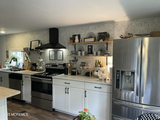45 Cathy Ct, Jackson, NJ 08527 - kitchen featuring appliances with stainless steel finishes, open shelves, wall chimney exhaust hood, dark wood finished floors, and white cabinetry
