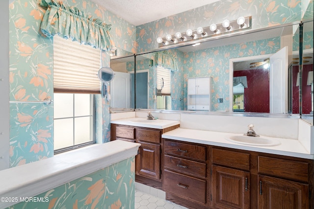 11 Sedgwick Sq, Jackson, NJ 08527 - full bath featuring wallpapered walls, vanity, a textured ceiling, and tile patterned flooring
