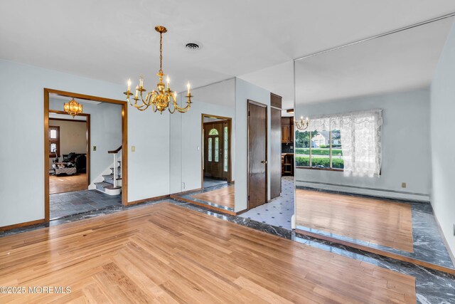 36 Stoney Creek Ln, Colts Neck, NJ 07722 - unfurnished dining area with a chandelier, stairs, a baseboard radiator, and baseboards