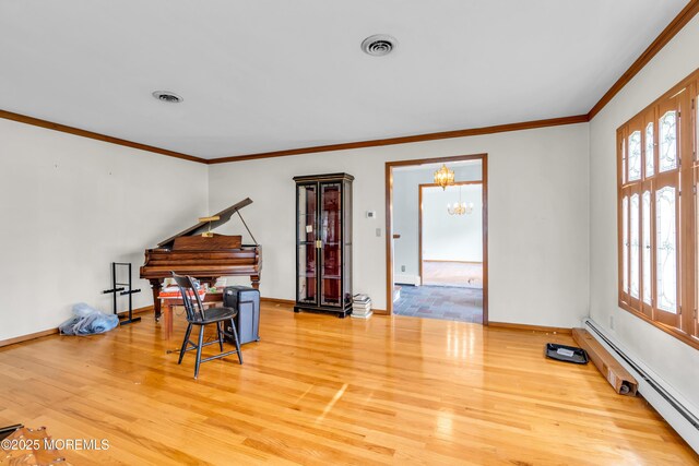 36 Stoney Creek Ln, Colts Neck, NJ 07722 - living area featuring baseboard heating, a chandelier, healthy amount of natural light, wood finished floors, and ornamental molding