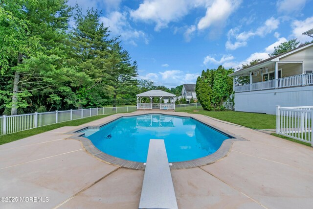 36 Stoney Creek Ln, Colts Neck, NJ 07722 - view of pool with a gazebo, a diving board, and a patio area