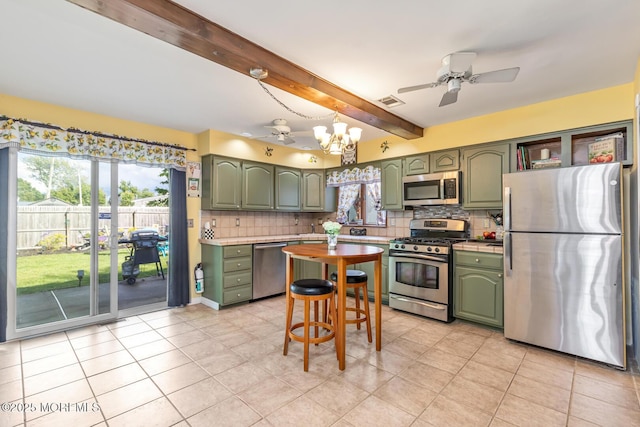 7 Monterey Dr, Hazlet, NJ 07730 - kitchen featuring appliances with stainless steel finishes, green cabinets, decorative backsplash, a ceiling fan, and beam ceiling