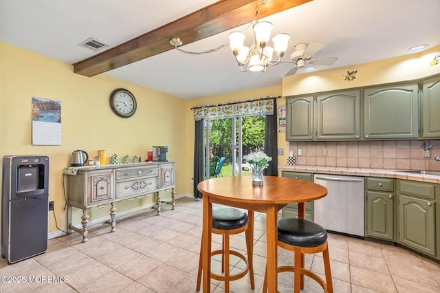 7 Monterey Dr, Hazlet, NJ 07730 - kitchen with stainless steel dishwasher, green cabinets, tile countertops, a chandelier, and light tile patterned floors