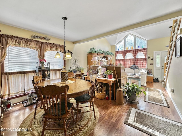 9 Sami Dr, Howell, NJ 07731 - dining area with wood finished floors, lofted ceiling, a chandelier, and stairs