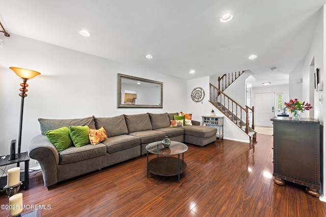 405 Hampton Ct Unit 15-4, Manalapan, NJ 07726 - living room with stairs, wood finished floors, and recessed lighting