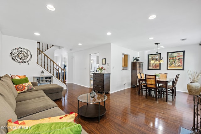 405 Hampton Ct Unit 15-4, Manalapan, NJ 07726 - living room with stairway, dark wood-type flooring, recessed lighting, and baseboards