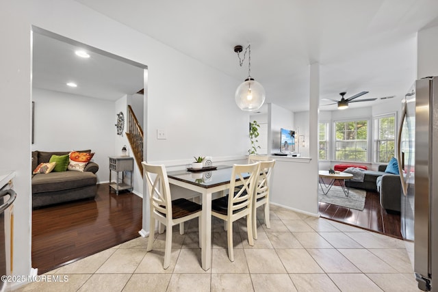 405 Hampton Ct Unit 15-4, Manalapan, NJ 07726 - dining area with light tile patterned floors, ceiling fan, stairs, baseboards, and recessed lighting