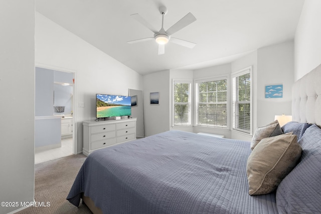 405 Hampton Ct Unit 15-4, Manalapan, NJ 07726 - carpeted bedroom with lofted ceiling, connected bathroom, and a ceiling fan