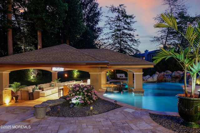 6 Bordens Brook Way, Holmdel, NJ 07733 - outdoor pool featuring a gazebo, a hot tub, a patio, and an outdoor living space