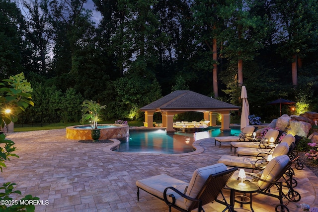 6 Bordens Brook Way, Holmdel, NJ 07733 - view of pool with a gazebo, a pool with connected hot tub, a patio area, and view of wooded area
