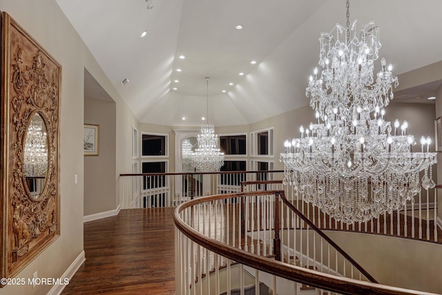 6 Bordens Brook Way, Holmdel, NJ 07733 - hall with a chandelier, an upstairs landing, vaulted ceiling, wood finished floors, and recessed lighting