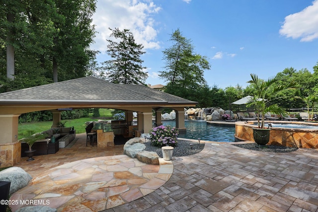 6 Bordens Brook Way, Holmdel, NJ 07733 - view of swimming pool featuring a gazebo, area for grilling, outdoor lounge area, a patio area, and a pool with connected hot tub
