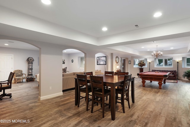 6 Bordens Brook Way, Holmdel, NJ 07733 - dining room with billiards table, wood finished floors, recessed lighting, a tray ceiling, and arched walkways