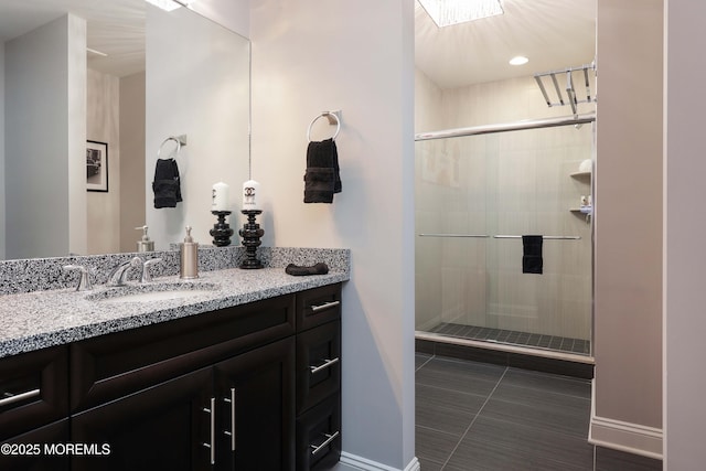 6 Bordens Brook Way, Holmdel, NJ 07733 - bathroom with vanity, baseboards, a stall shower, tile patterned floors, and recessed lighting