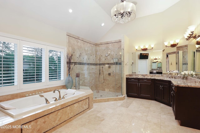 6 Bordens Brook Way, Holmdel, NJ 07733 - full bathroom with vaulted ceiling, a bath, a shower stall, vanity, and a chandelier