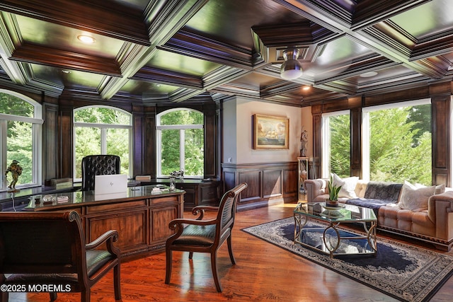 6 Bordens Brook Way, Holmdel, NJ 07733 - home office featuring dark wood-style flooring, a decorative wall, ornamental molding, beamed ceiling, and coffered ceiling