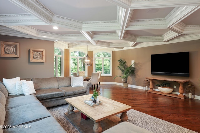 6 Bordens Brook Way, Holmdel, NJ 07733 - living area featuring crown molding, wood finished floors, coffered ceiling, baseboards, and beam ceiling