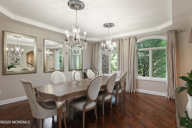 6 Bordens Brook Way, Holmdel, NJ 07733 - dining area with a chandelier, baseboards, dark wood-style floors, and a raised ceiling