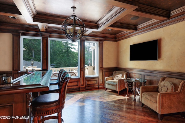 6 Bordens Brook Way, Holmdel, NJ 07733 - office with a chandelier, coffered ceiling, crown molding, wood finished floors, and beamed ceiling