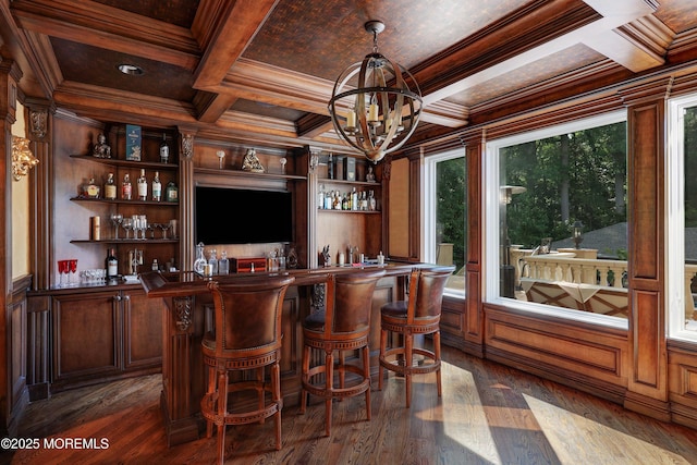 6 Bordens Brook Way, Holmdel, NJ 07733 - indoor wet bar with ornamental molding, coffered ceiling, a chandelier, wood ceiling with exposed beams, and dark wood finished floors