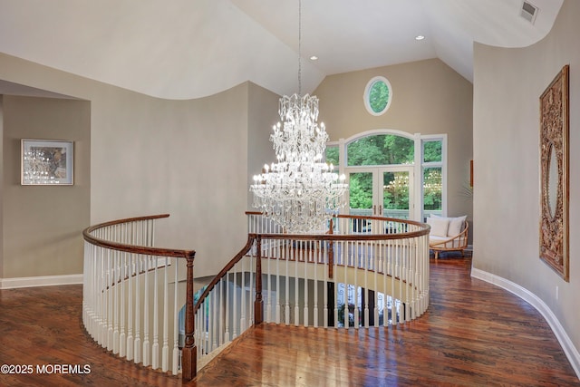6 Bordens Brook Way, Holmdel, NJ 07733 - staircase featuring a chandelier, wood finished floors, baseboards, high vaulted ceiling, and recessed lighting