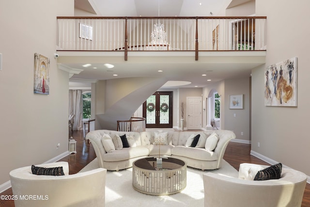 6 Bordens Brook Way, Holmdel, NJ 07733 - living room featuring a towering ceiling, wood finished floors, healthy amount of natural light, baseboards, and recessed lighting