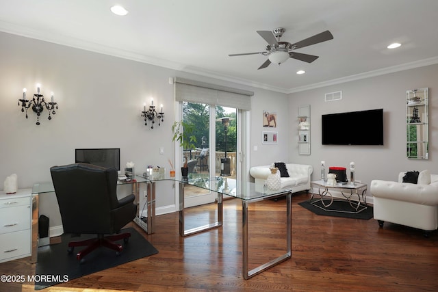 6 Bordens Brook Way, Holmdel, NJ 07733 - office area featuring a ceiling fan, crown molding, recessed lighting, wood finished floors, and baseboards