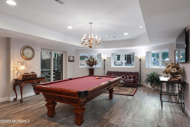 6 Bordens Brook Way, Holmdel, NJ 07733 - recreation room with wood finished floors, billiards, baseboards, recessed lighting, and a chandelier