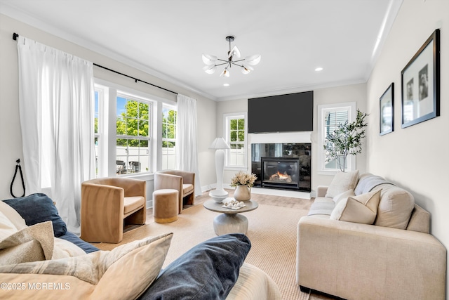 6 Harpoon Dr, Barnegat, NJ 08005 - living area with a chandelier, crown molding, a premium fireplace, and recessed lighting