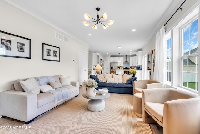 6 Harpoon Dr, Barnegat, NJ 08005 - living area with a chandelier, crown molding, recessed lighting, and light wood-style flooring