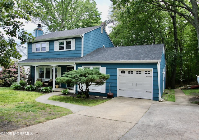 208 Hillcrest Ave, Neptune Township, NJ 07753 - view of front of house featuring a chimney, concrete driveway, a garage, covered porch, and roof with shingles