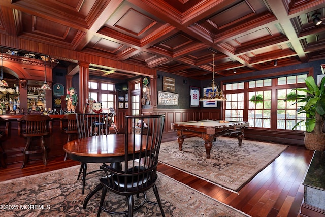 7 Stoney Brook Dr, Millstone, NJ 08510 - dining space with hardwood / wood-style floors, coffered ceiling, a bar, beamed ceiling, and pool table