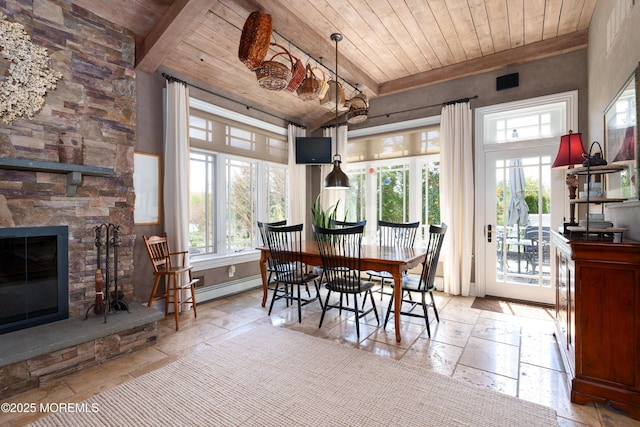 7 Stoney Brook Dr, Millstone, NJ 08510 - dining area featuring wood ceiling with exposed beams, stone tile floors, a fireplace, and baseboard heating